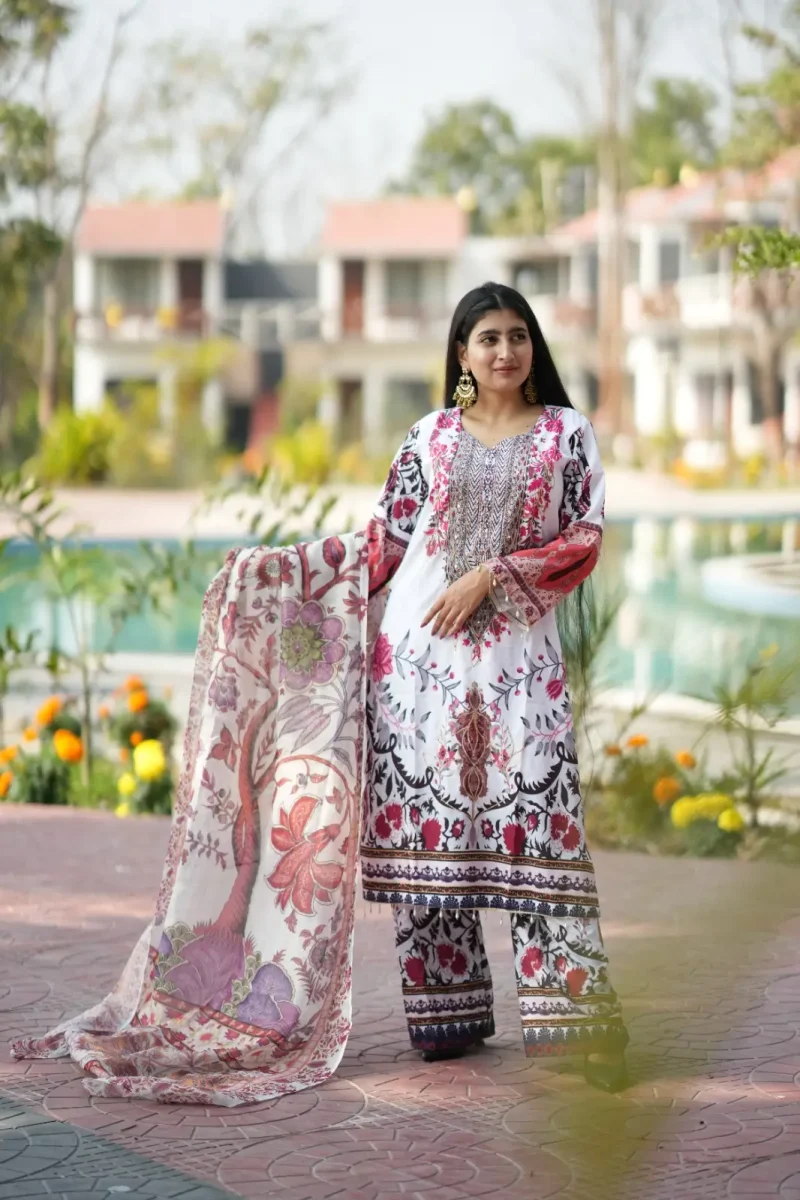 অরজিনাল দুবাই সিল্কের মাইক্রোস্টেজ এমব্রয়ডারি থ্রি পিস ( সাদা )