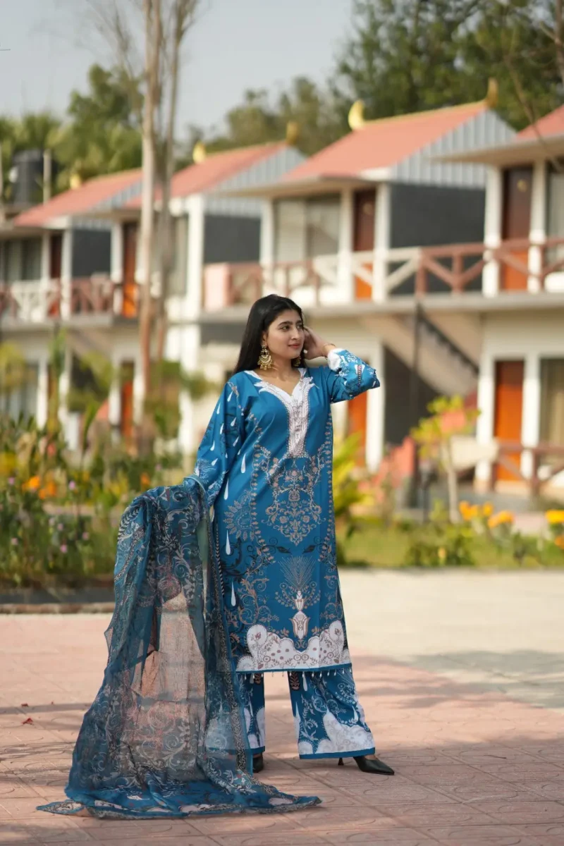 অরজিনাল দুবাই সিল্কের মাইক্রোস্টেজ থ্রি পিস - ফিরোজা