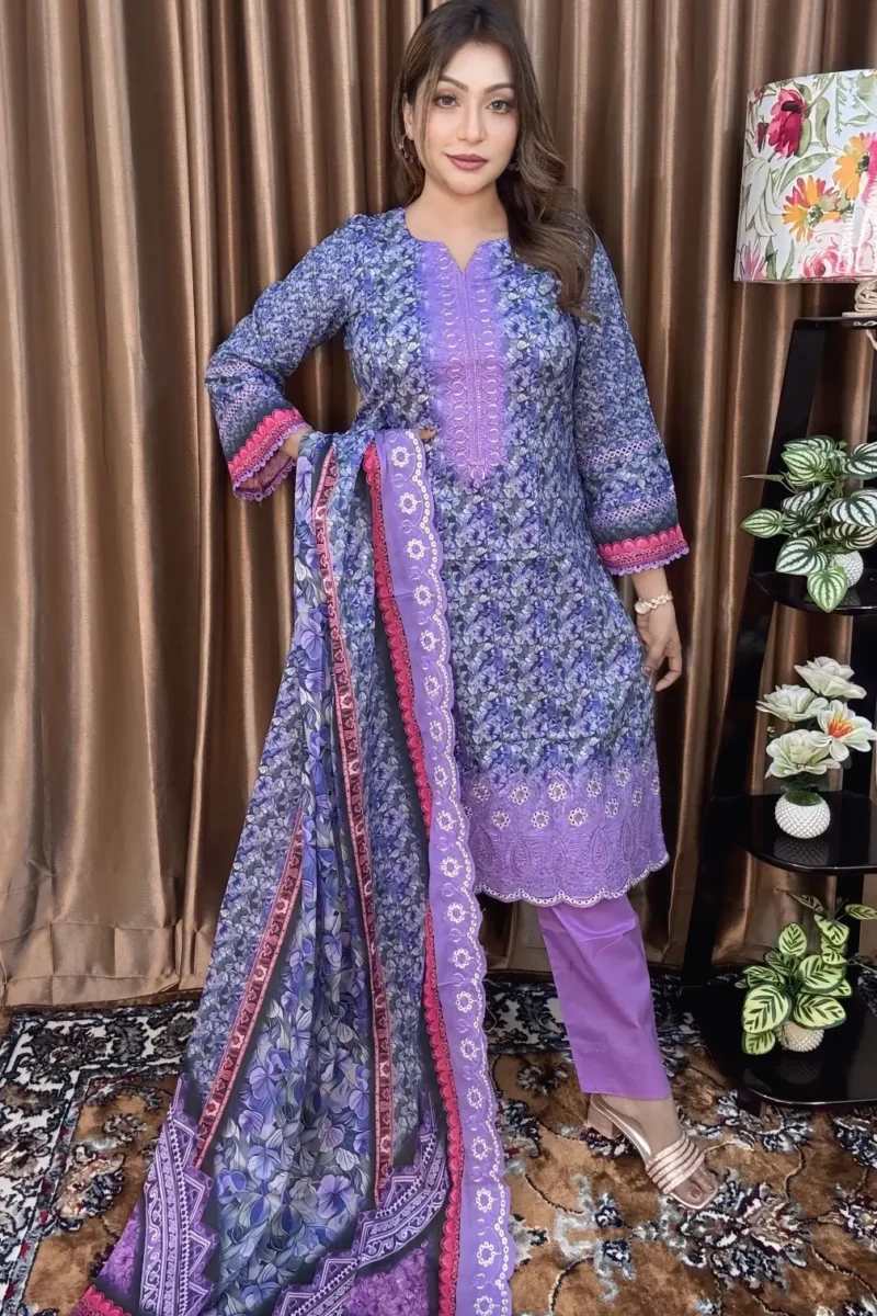 প্রিমিয়াম চিকেনকারি মার্শাল কটন  থ্রি পিস (PURPLE)