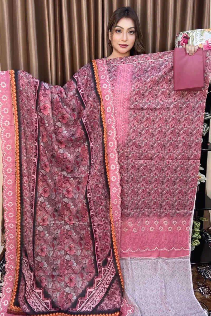 প্রিমিয়াম চিকেনকারি মার্শাল কটন  থ্রি পিস (Light Pink )