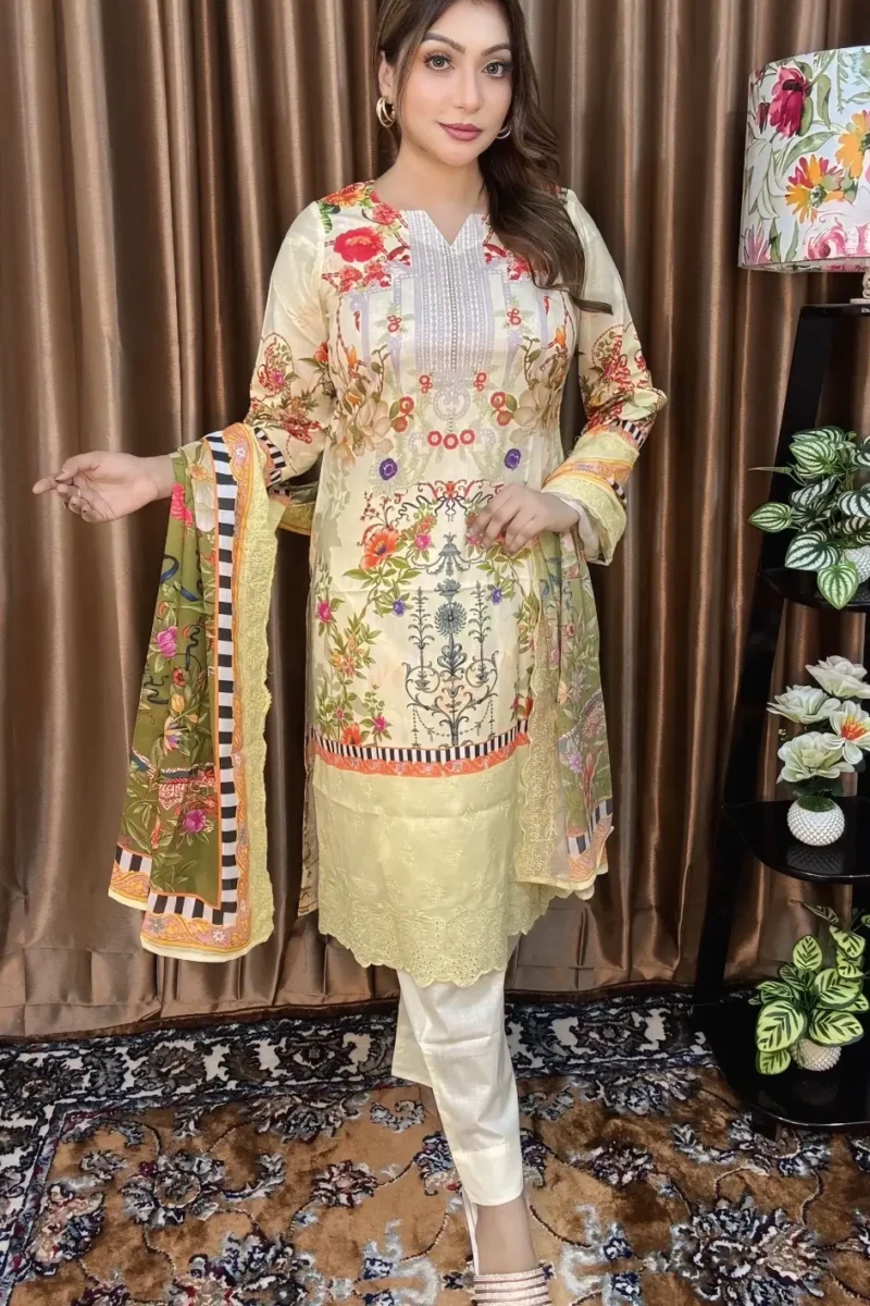 প্রিমিয়াম চিকেনকারি মার্শাল কটন  থ্রি পিস ( Yellow )
