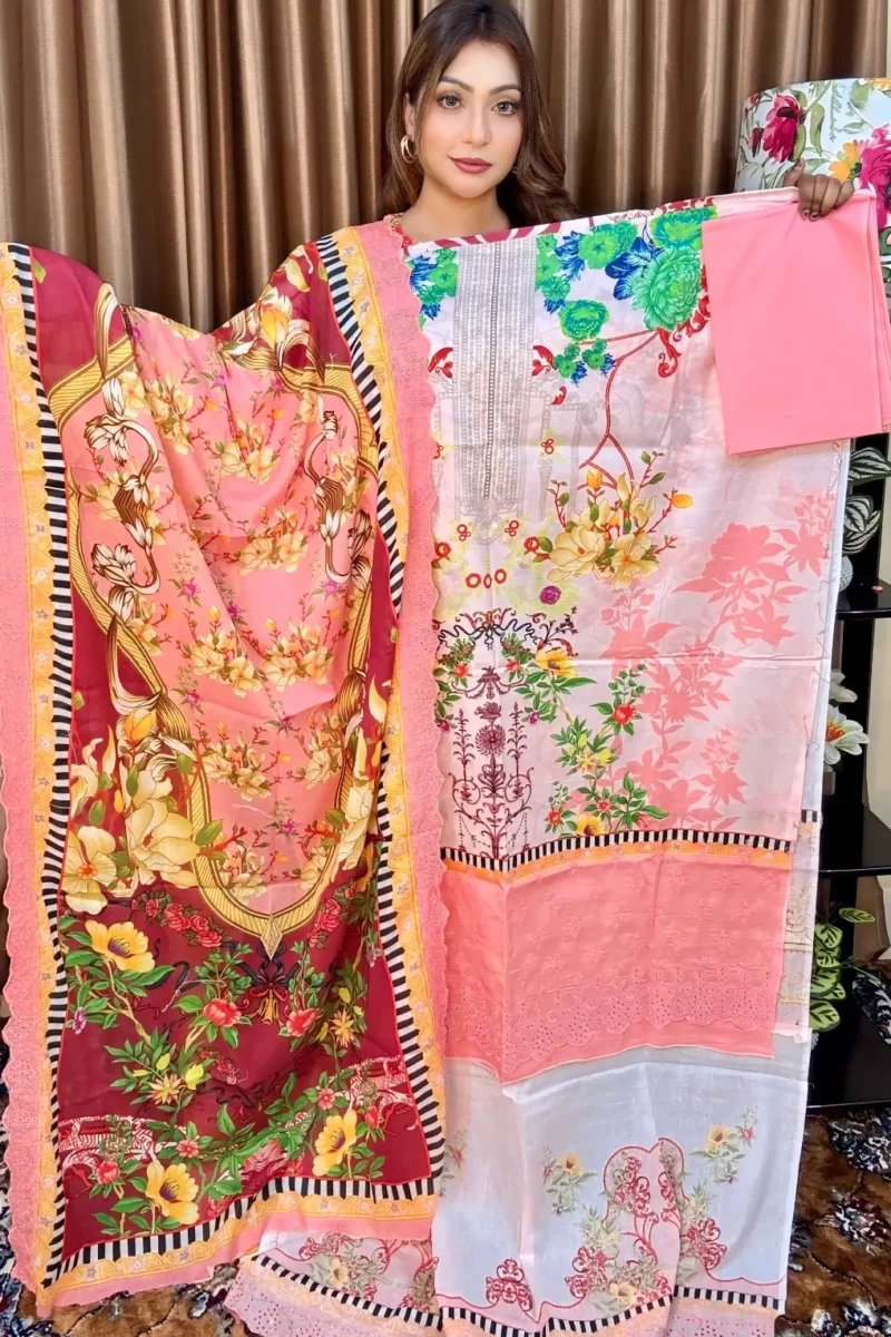 প্রিমিয়াম চিকেনকারি মার্শাল কটন  থ্রি পিস ( Sweat Pink )